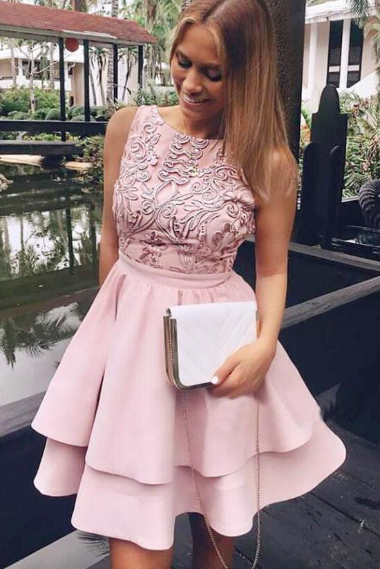 Pretty Bateau Short Pink Satin Homecoming Party Dresses with Appliques PDO51