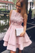 Pretty Bateau Short Pink Satin Homecoming Party Dresses with Appliques PDO51
