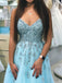 A-line V-neck Beaded Prom Dresses Lace Blue Prom Gowns PDO95