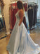Simple A-line V-neck Satin Long Cheap Red Prom Dresses with Pocket PDN85