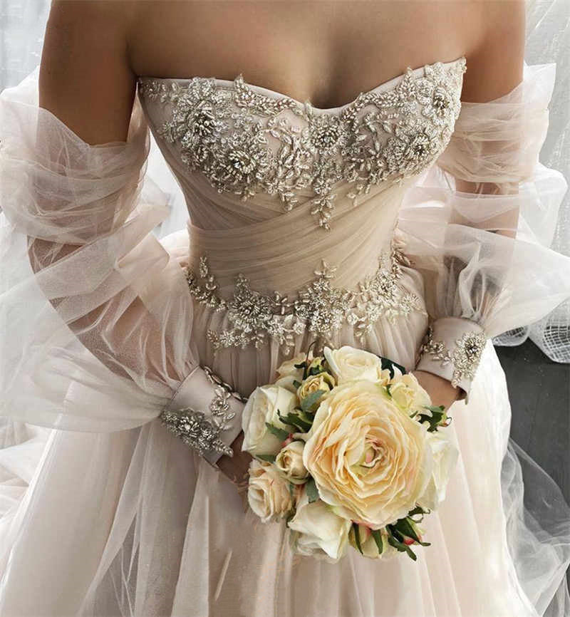 Ball Gown Champagne Sweetheart Strapless Tulle Wedding Dresses, Lace Up Prom Dress OW0112