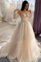 Ball Gown Champagne Sweetheart Strapless Tulle Wedding Dresses, Lace Up Prom Dress OW0112