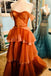 A Line Orange Off The Shoulder Tulle Tiered Long Prom Dress, A Line Evening Gown OM0317