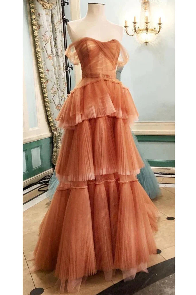 A Line Orange Off The Shoulder Tulle Tiered Long Prom Dress, A Line Evening Gown OM0317