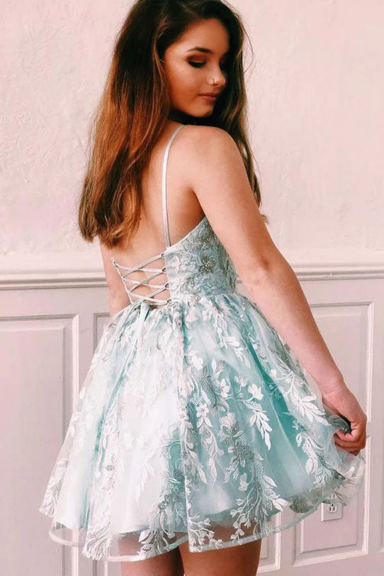 A Line Spaghetti Strapless Lace V Neck Homecoming Dresses. Short Prom Dresses OMH0215