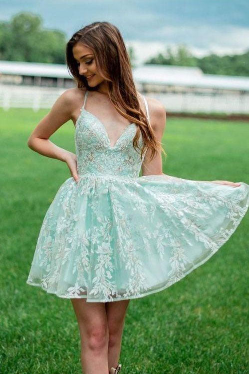 A Line Spaghetti Strapless Lace V Neck Homecoming Dresses. Short Prom Dresses OMH0215