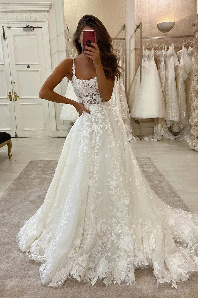 Elegant A Line Lace Ivory Scoop Long Wedding Dresses, Straps Wedding Gowns OW0095