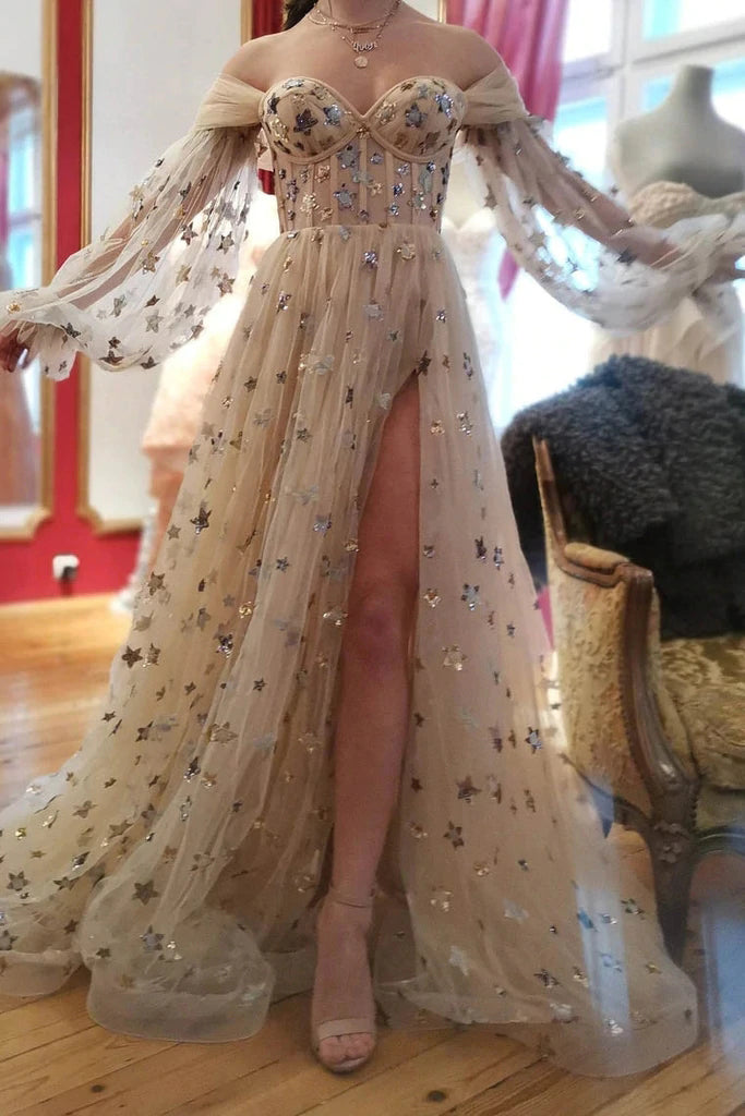 Gorgeous A line Tulle Starry Prom Dresses, Shiny Stars Off the Shoulder Dance Dress OM0228