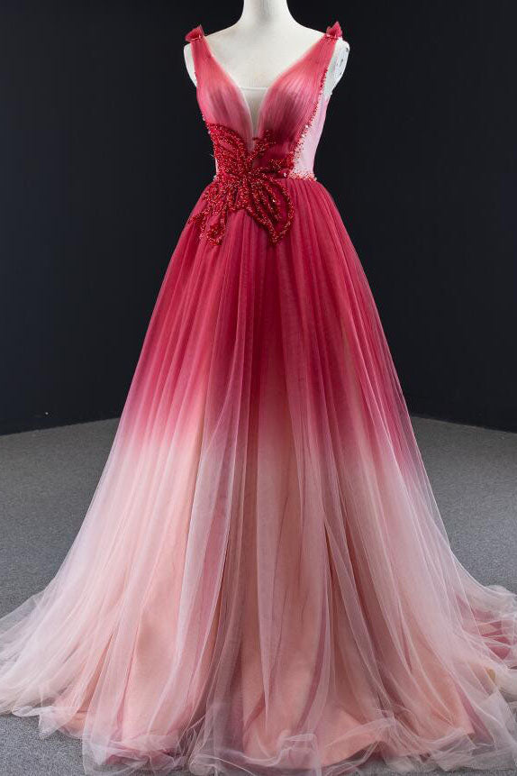 Charming A Line Ombre V Neck Tulle Burgundy Long Prom Dresses with Beads OM0135