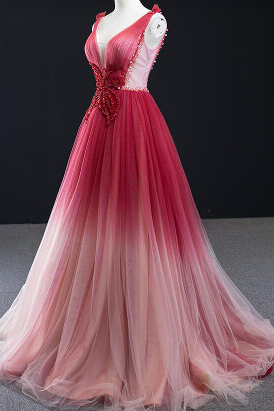 Charming A Line Ombre V Neck Tulle Burgundy Long Prom Dresses with Beads OM0135