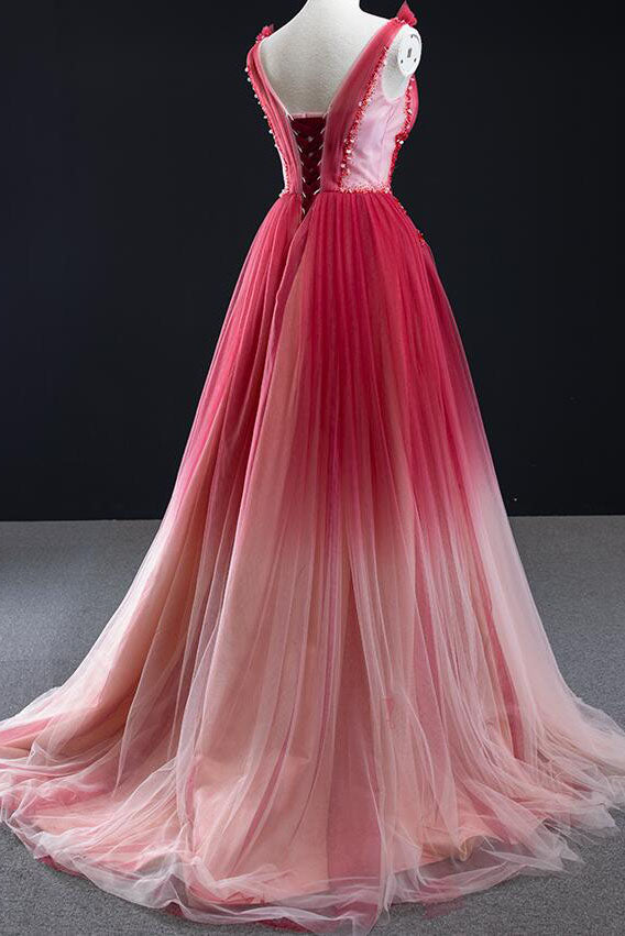 Charming A Line Ombre V Neck Tulle Burgundy Long Prom Dresses with Beads OM0135