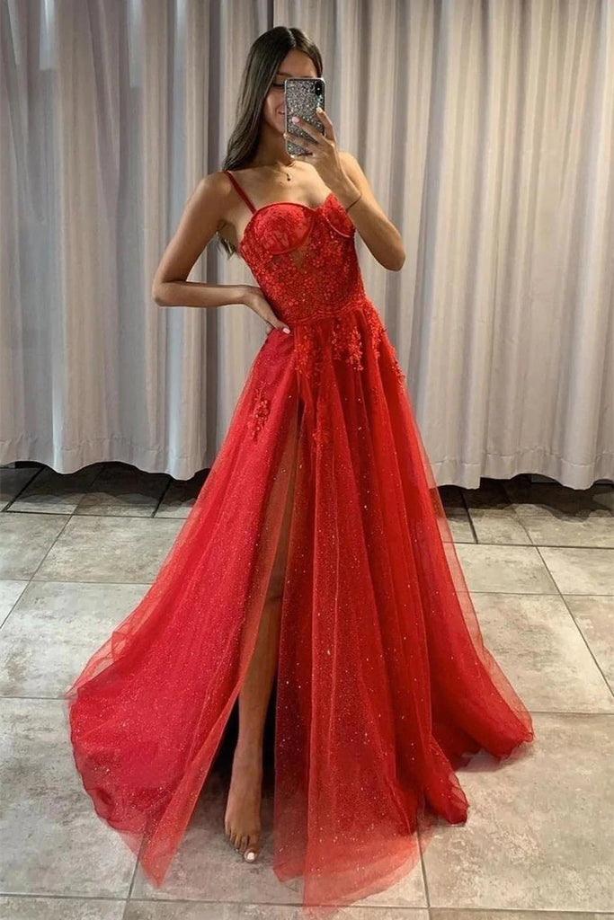 Glitter Black Spaghetti Straps V Neck Tulle Party Dresses, Long Formal Dress With Slit OM0316