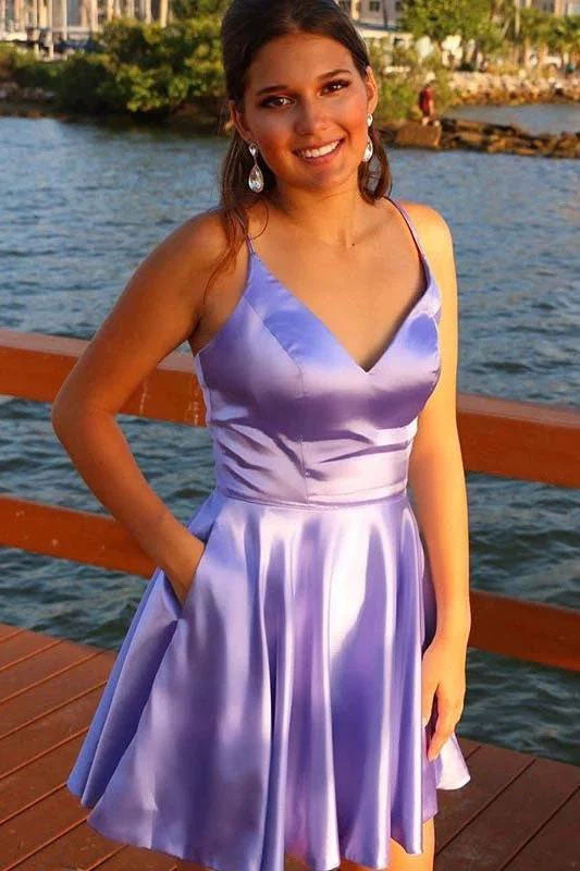 Cute A line Spaghetti Straps Satin V Neck Lilac Homecoming Dress With Pockets OMH0179