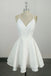 A Line White V Neck Satin Homecoming Dress with Lace, White Graduation Dress OMH0231