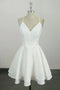 A Line White V Neck Satin Homecoming Dress with Lace, White Graduation Dress OMH0231
