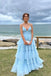 A Line Spaghetti Straps Tiered V Neck Light Blue Tulle Long Prom Dresses Evening Dress OM0340