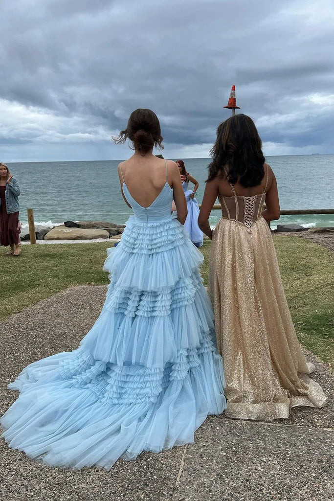 A Line Spaghetti Straps Tiered V Neck Light Blue Tulle Long Prom Dresses Evening Dress OM0340