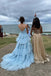 A Line Spaghetti Straps Tiered V Neck Light Blue Tulle Long Prom Dresses Evening Dress OM0340