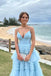 A Line Spaghetti Straps Tiered V Neck Light Blue Tulle Long Prom Dresses Evening Dress OM0340