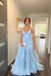A Line Spaghetti Straps Tiered V Neck Light Blue Tulle Long Prom Dresses Evening Dress OM0340