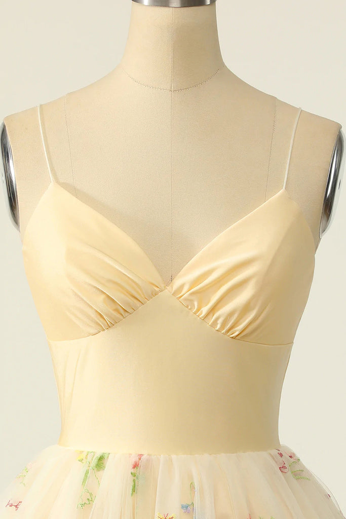 A Line Champagne Tulle V Neck Spaghetti Straps Homecoming Dress with Embroidery OMH0136