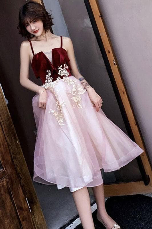 A Line Pink Sweetheart Tulle Short Prom Dresses with Appliques, Homecoming Dresses OMH0100