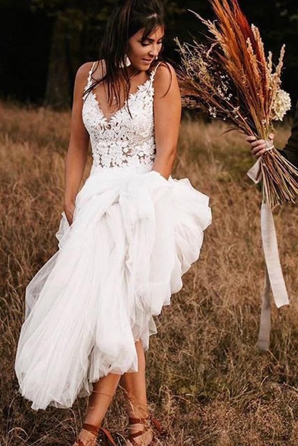 Elegant Lace Bodice V-neck Bridal Dresses White Backless A-line Beach Wedding Dresses OW0103