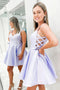 Cute A line Satin Purple Short Prom Dresses, Straps Sweetheart Homecoming Dress OMH0156