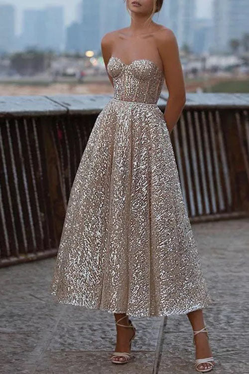 Elegant A Line Sliver Sparkly Sequins Sweetheart Strapless Tea Length Prom Dresses OM0138