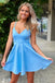 Simple A Line V Neck Blue Satin Short Prom Dresses, Homecoming Dresses OMH0173