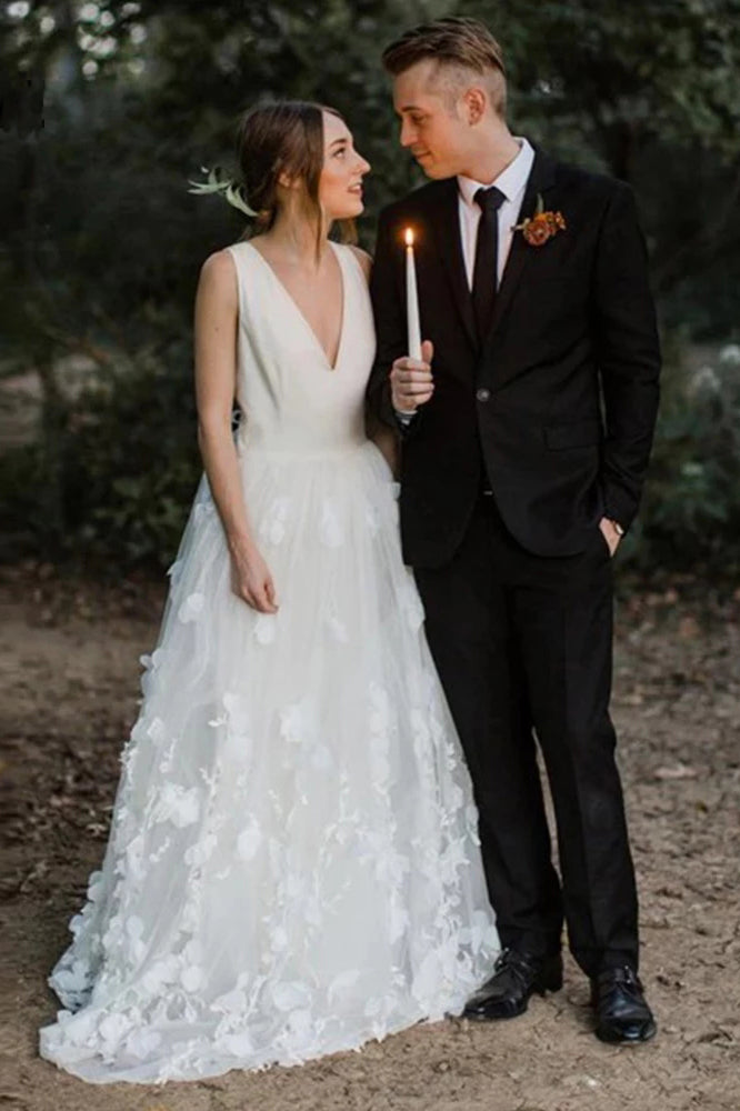 Elegant A line V Neck 3D Flowers Beach Wedding Dresses, V Back Wedding Gowns OW0126