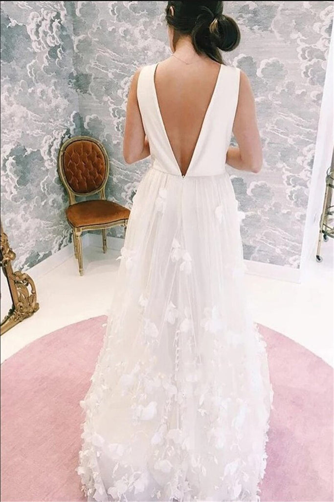 Elegant A line V Neck 3D Flowers Beach Wedding Dresses, V Back Wedding Gowns OW0126