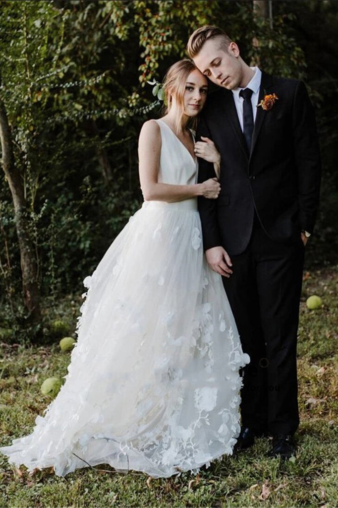 Elegant A line V Neck 3D Flowers Beach Wedding Dresses, V Back Wedding Gowns OW0126