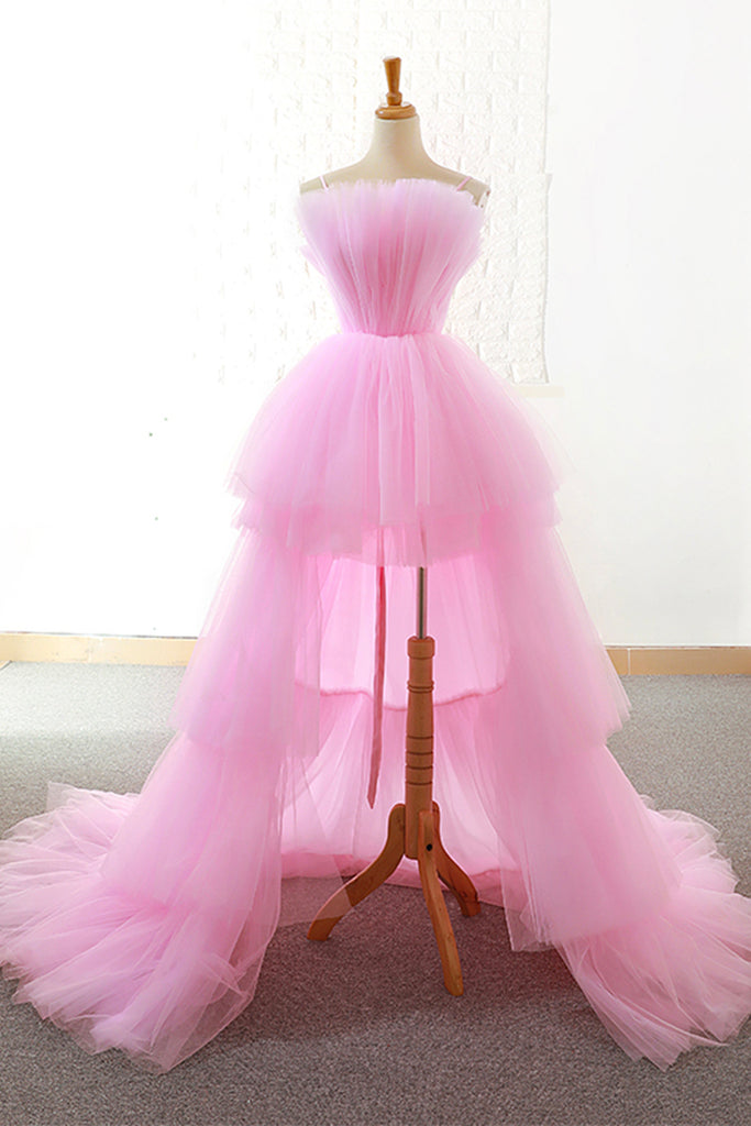 Elegant A Line Pink Spaghetti Straps Tulle Long Prom Dresses, Cheap Evening Dresses SK38