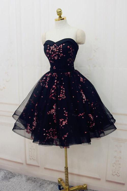 Charming Black Cute Floral Formal Dresses, Black Party Dress, Homecoming Dresses PDO72