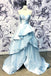 Elegant A Line Light Blue Strapless Multi-Layered Ruffles Sleeveless Long Prom Dresses OM0214