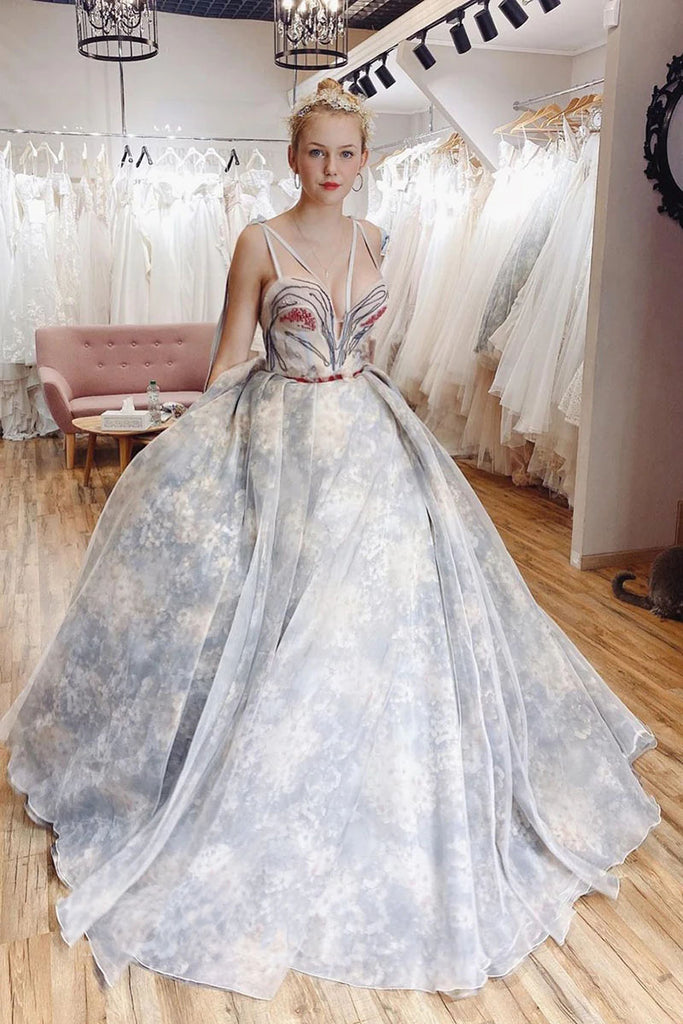 Princess Ball Gown Deep V Neck Lace Appliques Long Prom Dresses, Quinceanera Dresses OM0195