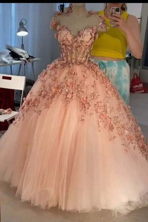 Princess Ball Gown Dusty Pink 3D Floral Appliques Tulle Prom Dress, Quinceanera Dress OM0278
