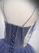 Elegant Blue V Neck Spaghetti Straps Tulle Long Beading Prom Dresses with Layers OM0024
