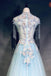 Light Blue Cap Sleeves Prom Dress with Beading, Formal Evening Dress PDN42