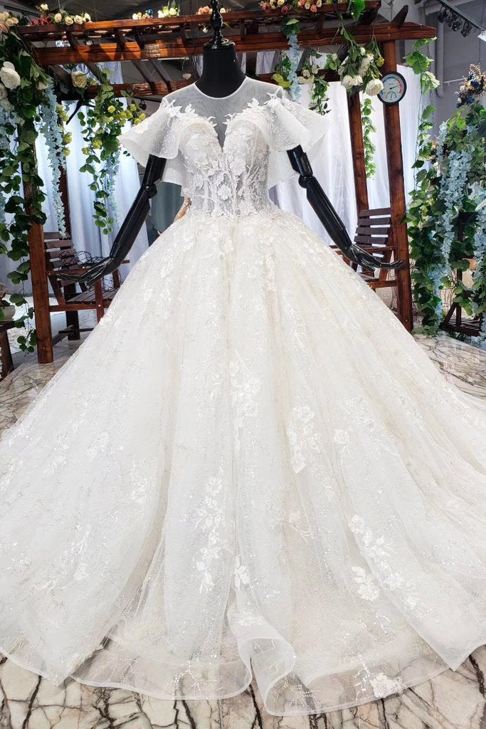 Elegant Ball Gown Big Wedding Dresses, Appliques Bridal Dress with Short Sleeves PDN73