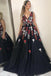 Charming V-Neck Black Floral Appliques Beading Sleeveless Long Prom Dress PDI40