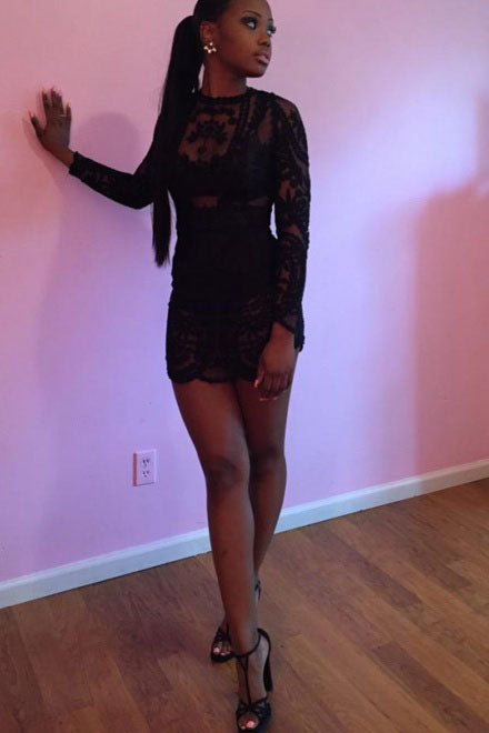 Long Sleeves Black Lace Prom Dresses High Low Party Dress with Detachable Train OM0265