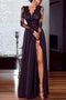 A Line Long Sleeves Black Lace V neck Long Prom Dress, Floor Length Evening Dress OM0267