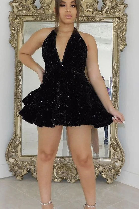 Sparkly A line Pink Sequins Halter V Neck Homecoming Dresses, Sweet 16 Dresses OMH0242