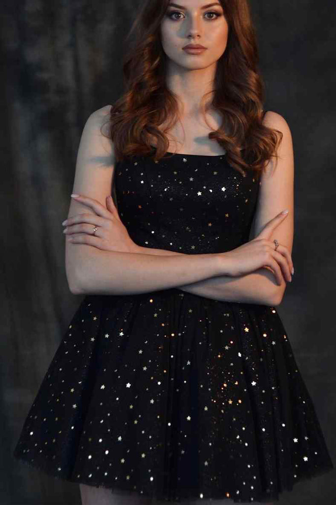 A Line Black Spaghetti Straps Tulle Homecoming Dresses with Stars, Graduation Dress OMH0227