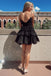 Cute Black Spaghetti Straps V Neck Tiered Short Homecoming Dress, Sweet 16 Dress OMH0247