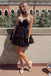 Cute Black Spaghetti Straps V Neck Tiered Short Homecoming Dress, Sweet 16 Dress OMH0247