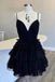 Cute Black Spaghetti Straps V Neck Tiered Short Homecoming Dress, Sweet 16 Dress OMH0247