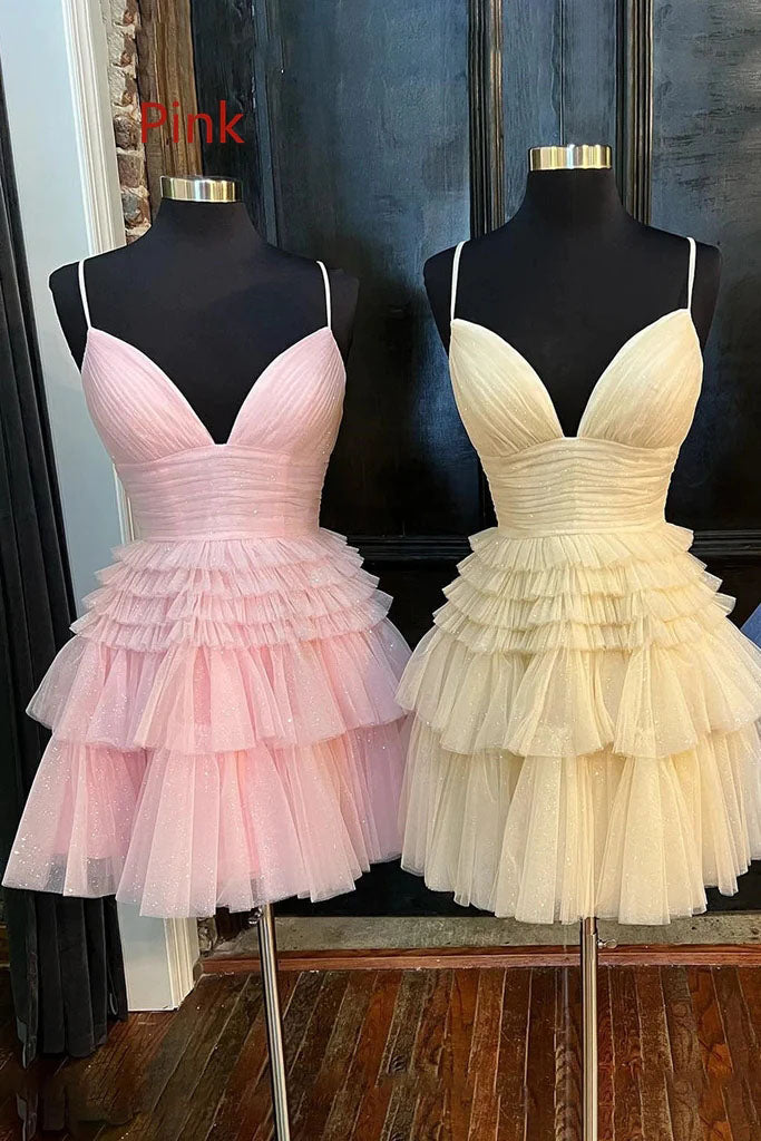 Cute Black Spaghetti Straps V Neck Tiered Short Homecoming Dress, Sweet 16 Dress OMH0247